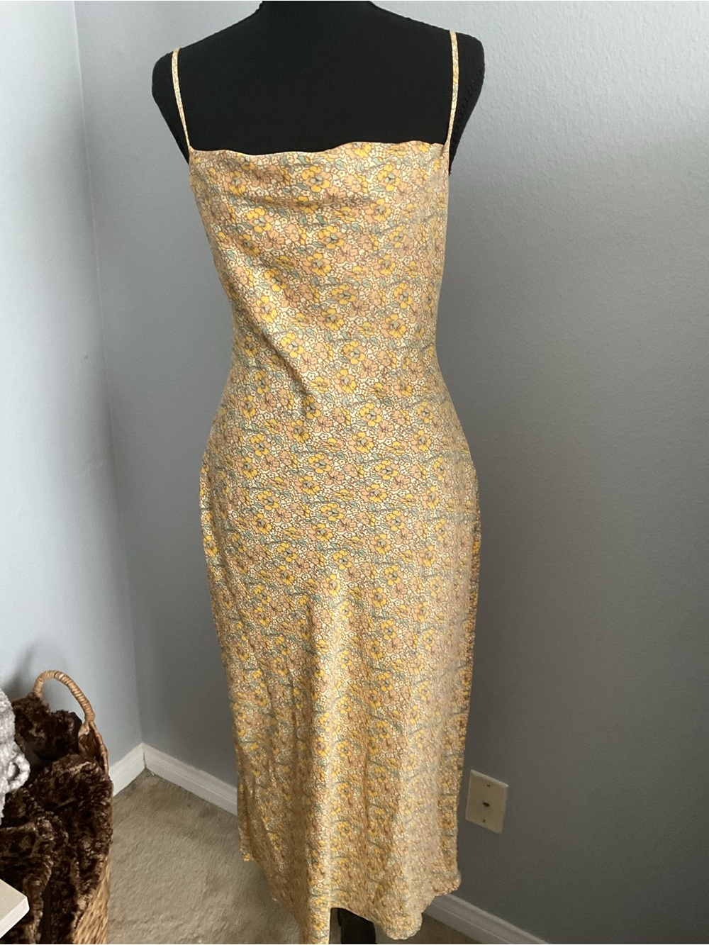 Urban Outfitters Yellow Floral Spaghetti-Strap Midi Dress- Small - Picture 2 of 5